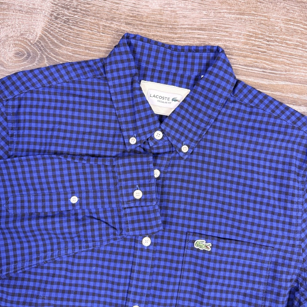 Lacoste Button Down Shirt Mens Medium Blue Gingham Check Long Sleeve Regular Fit
